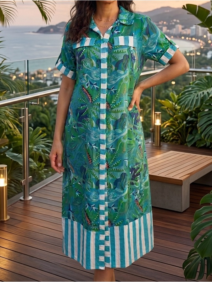 Briton Court Green Tropical-Print Shirt With Stripe Trim Small (4/6)